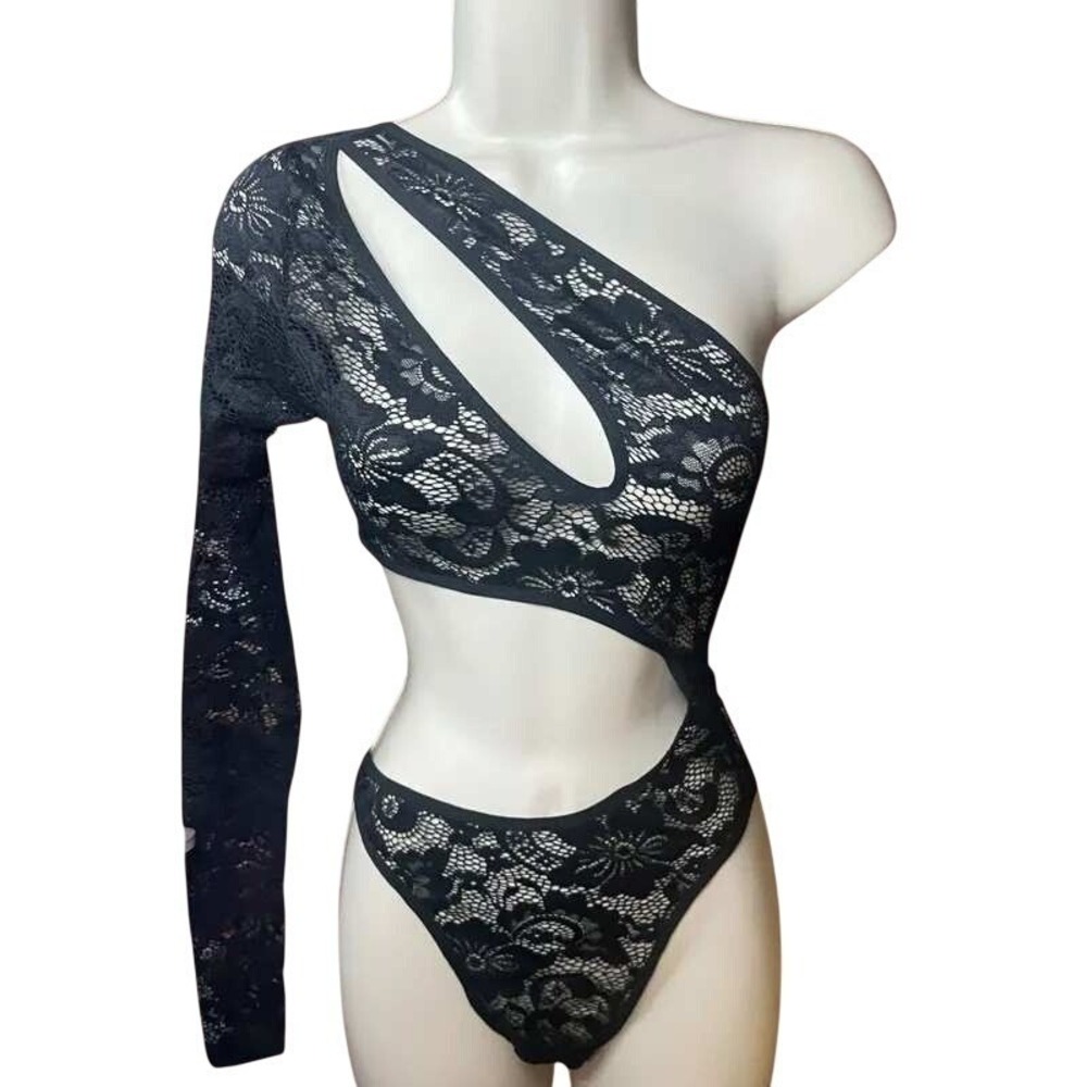 Frederick's of Hollywood Kerry Black Lace Asymmetrical Bodysuit L NWT
